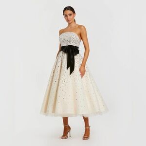 NEW! Mac Duggal White Embellished Strapless Midi Dress with Velvet Bow US4
